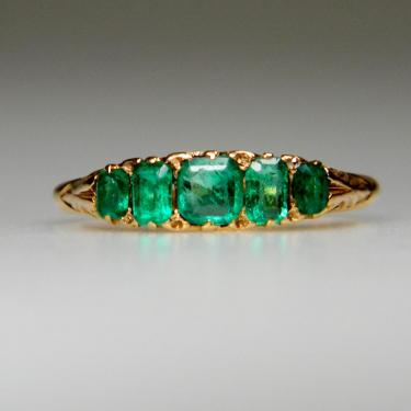 Emerald five stone carved half hoop ring | DB Gems