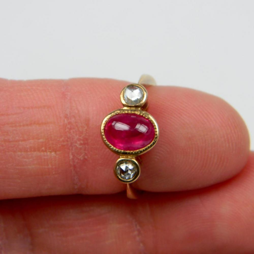 Cabochon Ruby and Rose cut Diamond three stone Ring | DB Gems