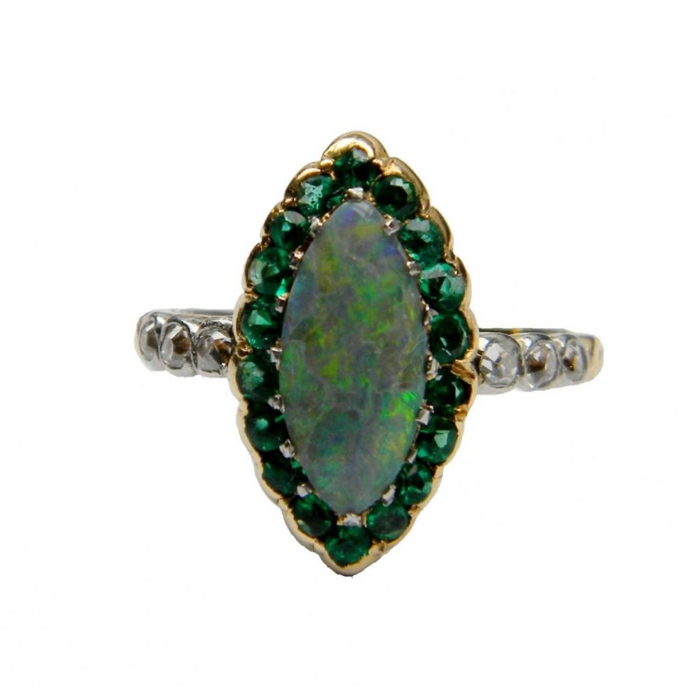Rare Black Opal, Emerald and Diamond Edwardian Ring | DB Gems