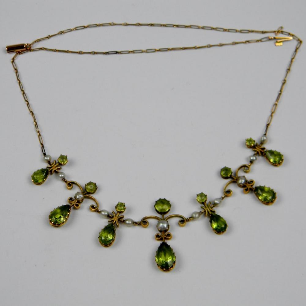 Peridot & pearl fringe necklace set in 15ct gold | DB Gems